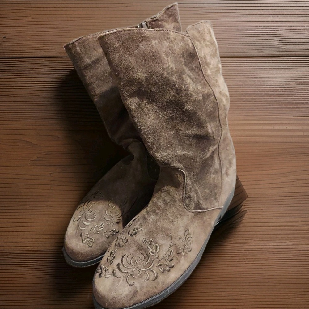 Womens Boots Size 7M Leather Suede Jack Sprat ZIP Floral Design Shoes Brown Y2K